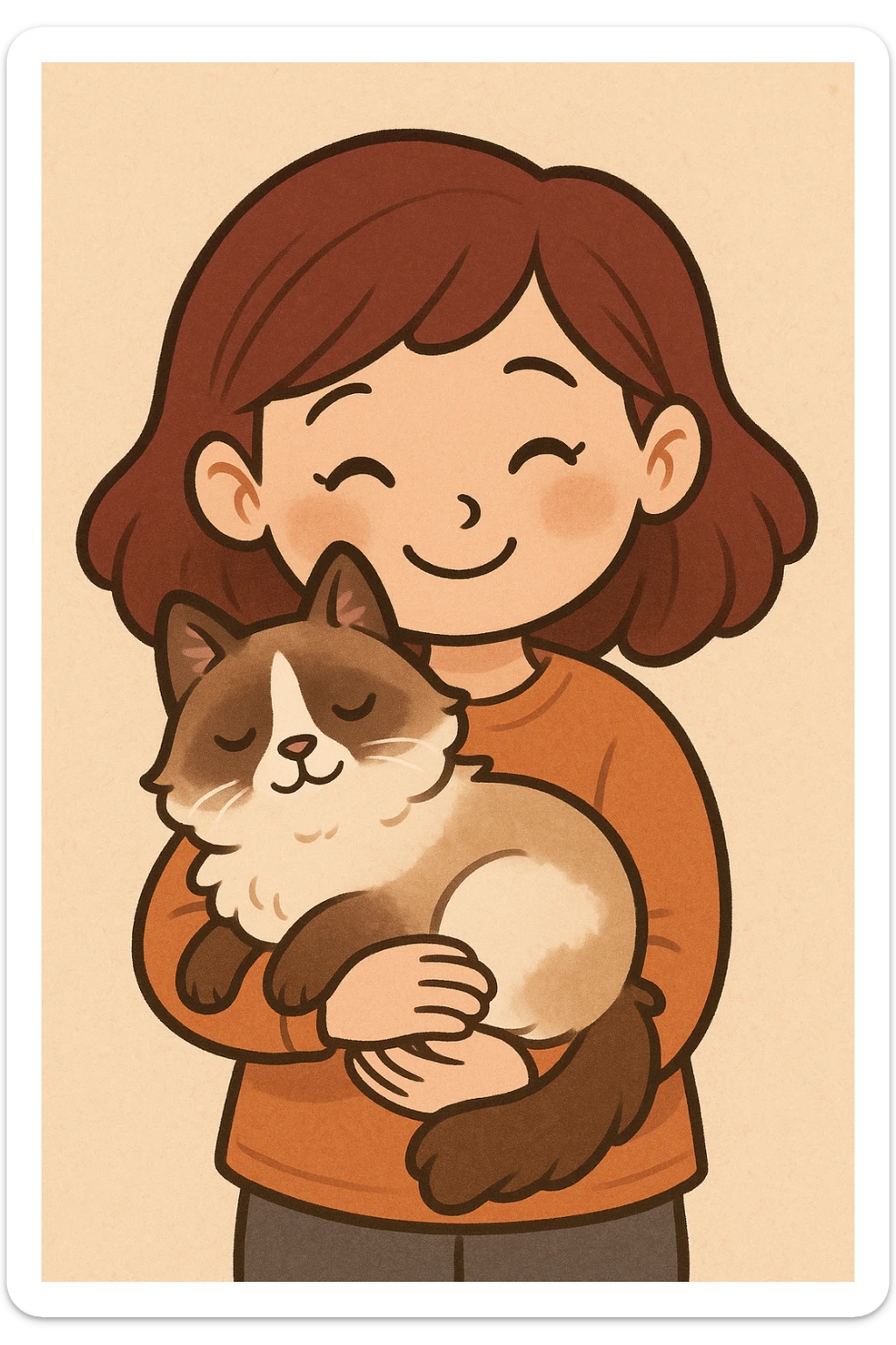 A girl with dark red hair cuddling a snowshoe cat, soft and cute, cartoon style sticker