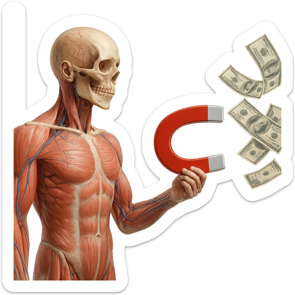 corpo umano anatomico con calamita rossa in mano che attira banconote, iperrealistica 4k, isolato su sfondo bianco sticker