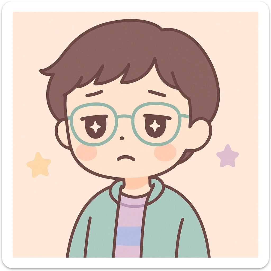 short-haired girl with a boyish style, tired face, wearing glasses, Japanese cartoon style sticker