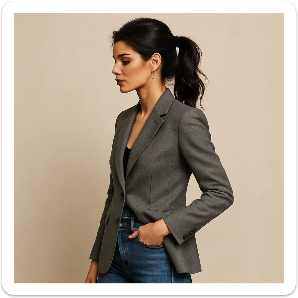 Change the outfit to a fashionable blazer and jeans in photorealistic style with a neutral background. sticker