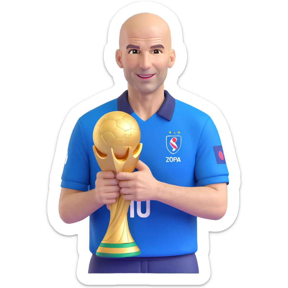 Zinedine Zidane, 1998, 3D emoji style, blue France shirt, number 10, holding the World Cup trophy, joyful face sticker