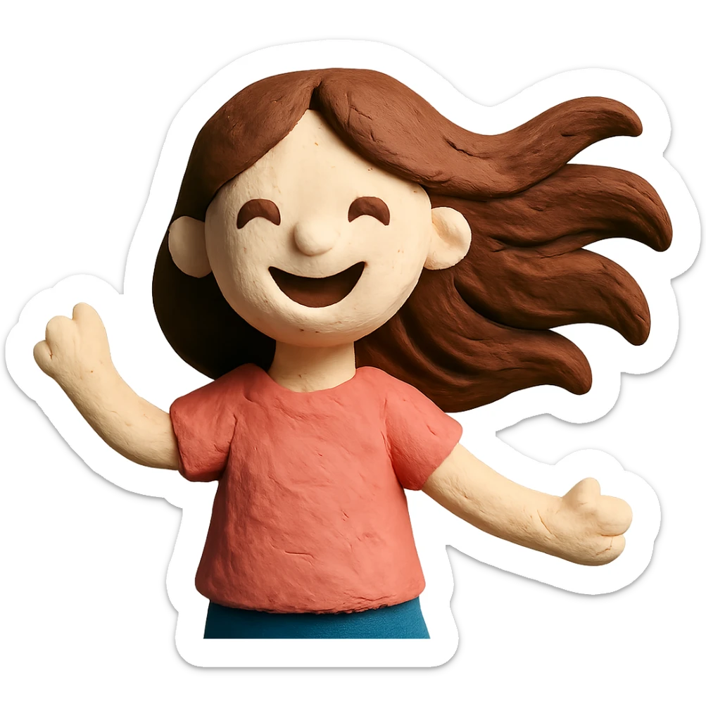 smiling girl with long, waving hair and white skin sticker