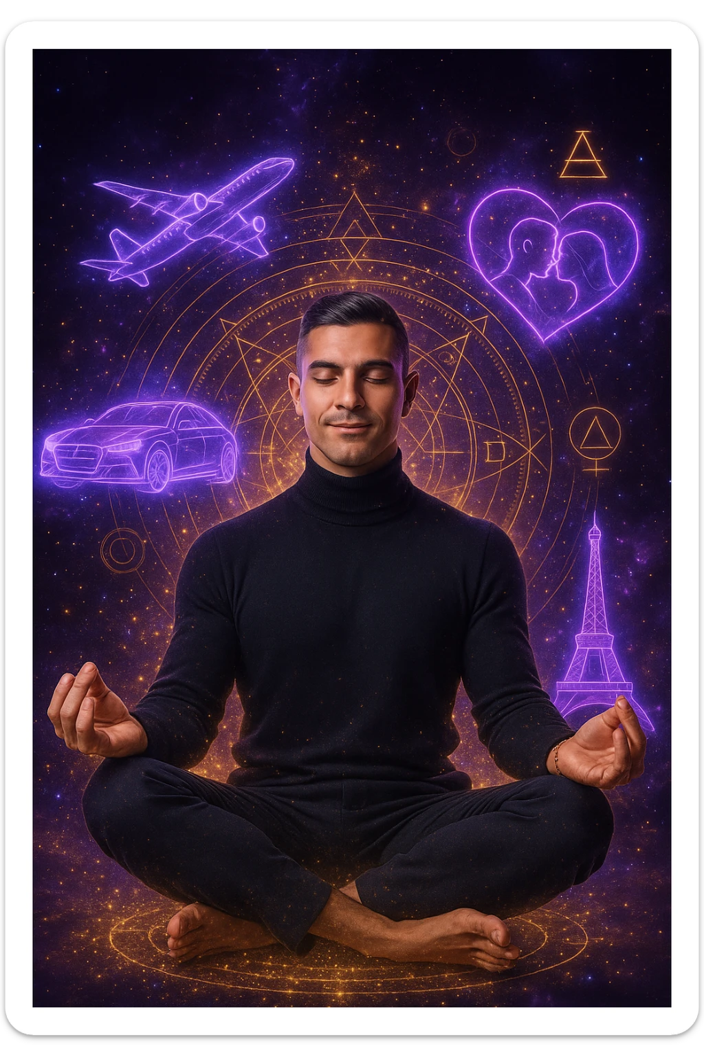 "Un uomo in meditazione fluttuante nello spazio cosmico, circondato da particelle dorate e simboli alchemici. Intorno a lui, oggetti e situazioni dei suoi desideri (auto, viaggi, amore) si materializzano come ologrammi luminosi. Stile cyber-mistico, colori viola e oro." sticker