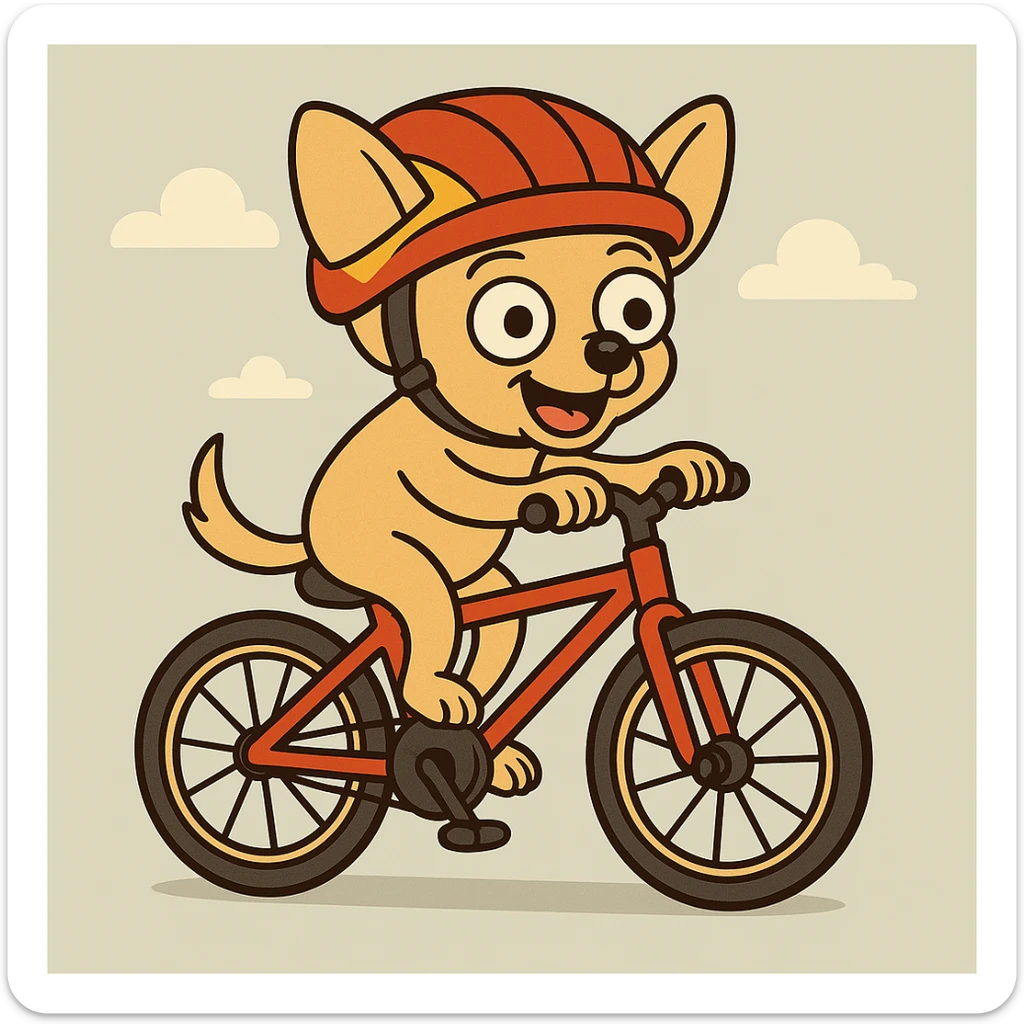 Add a cheerful helmet to the small chihuahua pedaling a bicycle, keeping the cheerful mood. sticker
