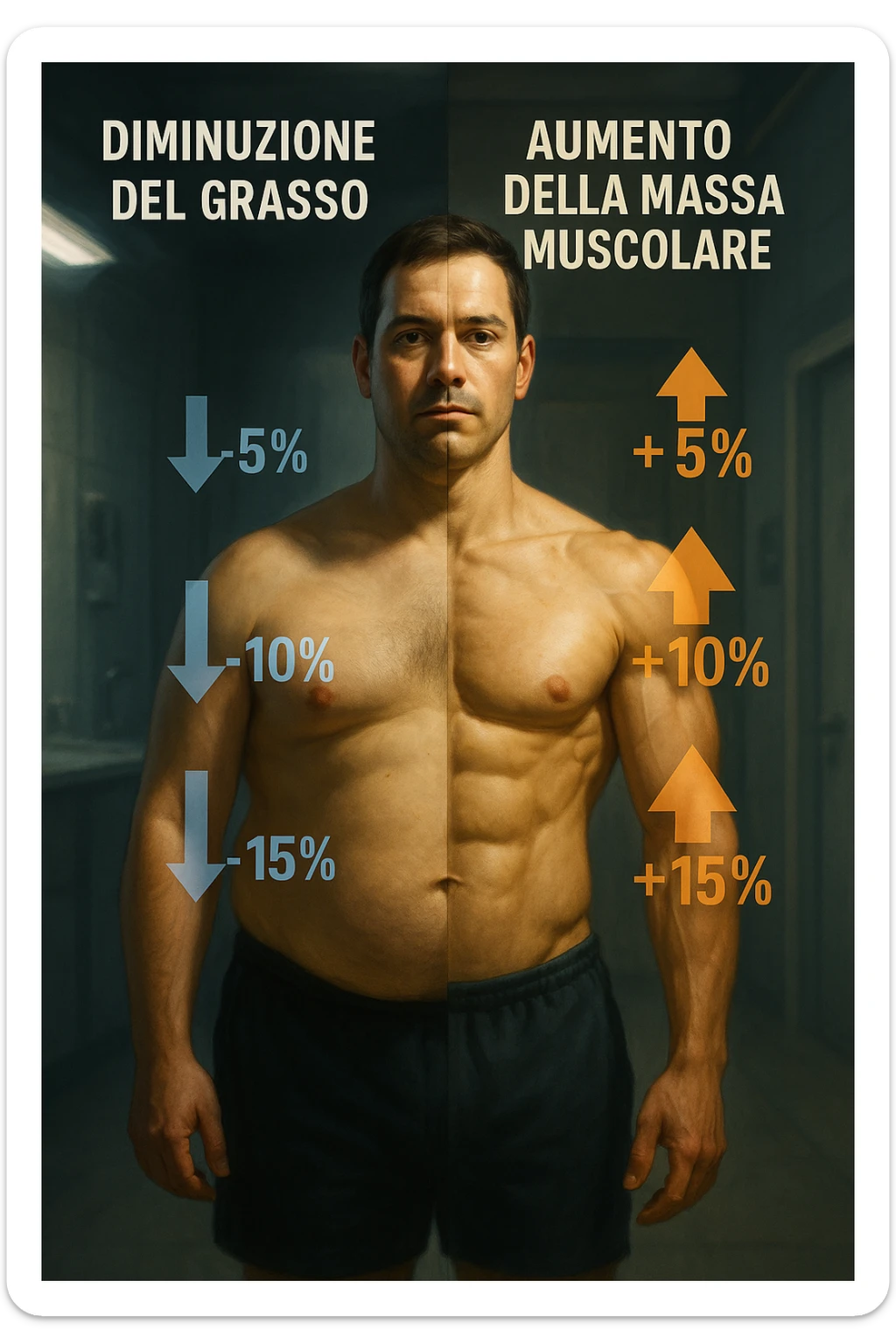 realistic and cinematic illustration of a human body divided in two halves: left side showing decreasing body fat with downward arrows and numbers, right side showing increasing lean muscle mass with upward arrows and numbers, clinical atmosphere with dramatic lighting, captions and numbers in Italian, aspect ratio 2:3 sticker
