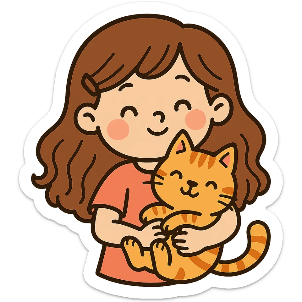 a girl holding a cat in a cute cartoon style sticker
