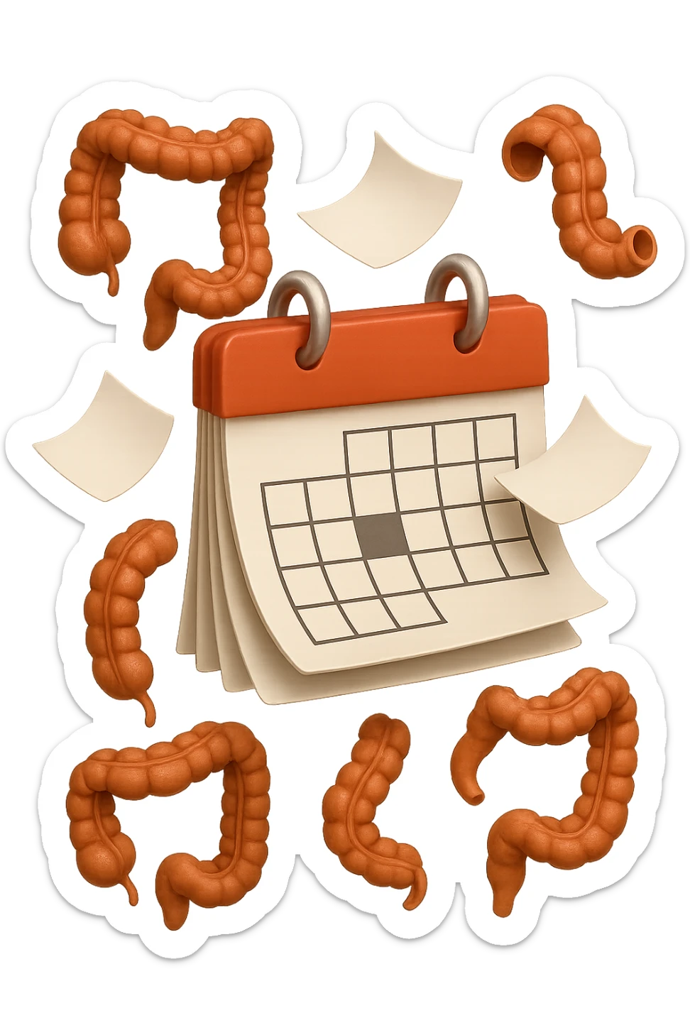 emoji stile iphone di un calendario con fogli che volano insieme a pezzi anatomici di colon umano, iperrealistico 4k, isolato su sfondo bianco sticker