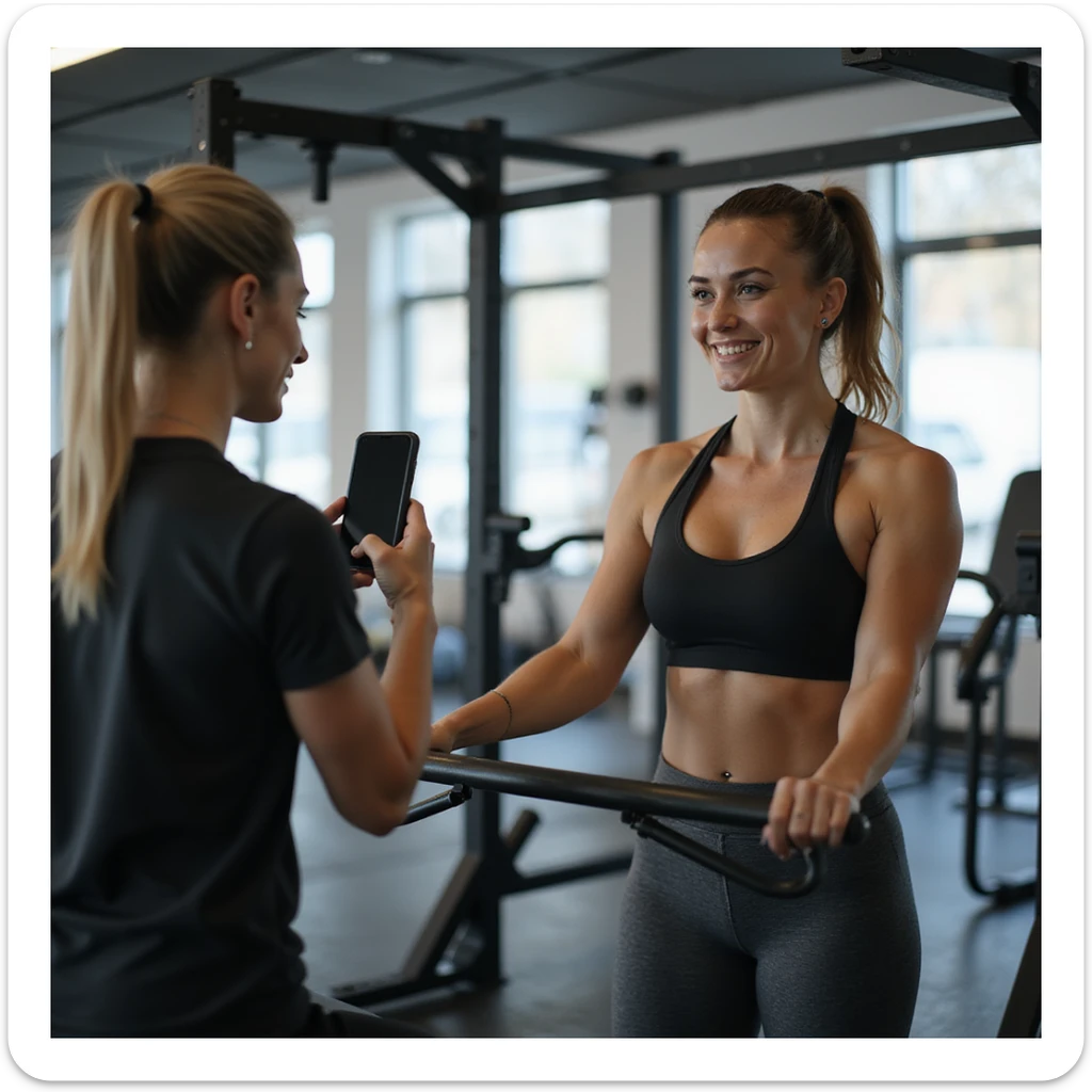 young woman in fitness clothing in gym, recording video check for coach with smartphone while doing lat machine exercise, neat and bright gym environment, hyperrealistic details, 4K sticker