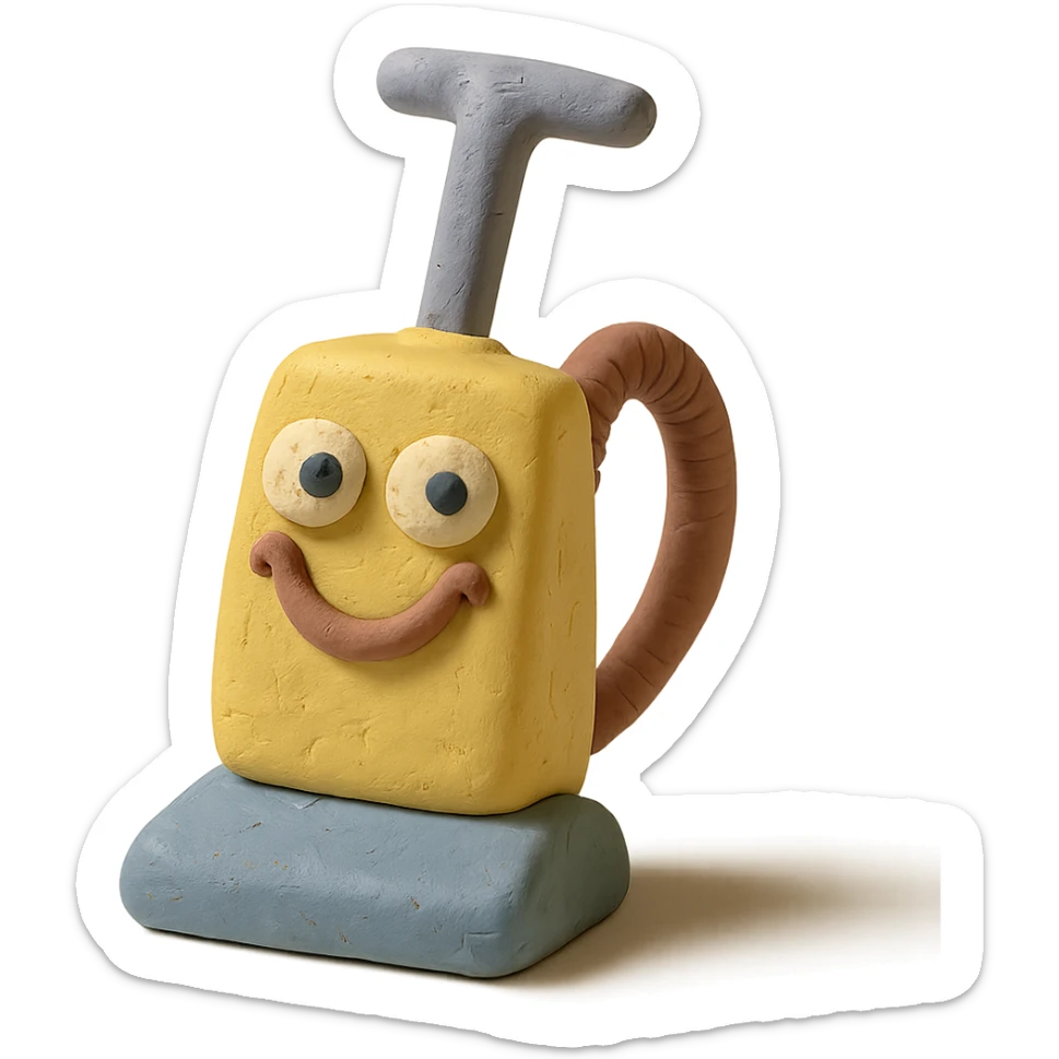 close-up of a playful upright vacuum with an expressive face in claymation style, pastel colors, detailed clay texture sticker