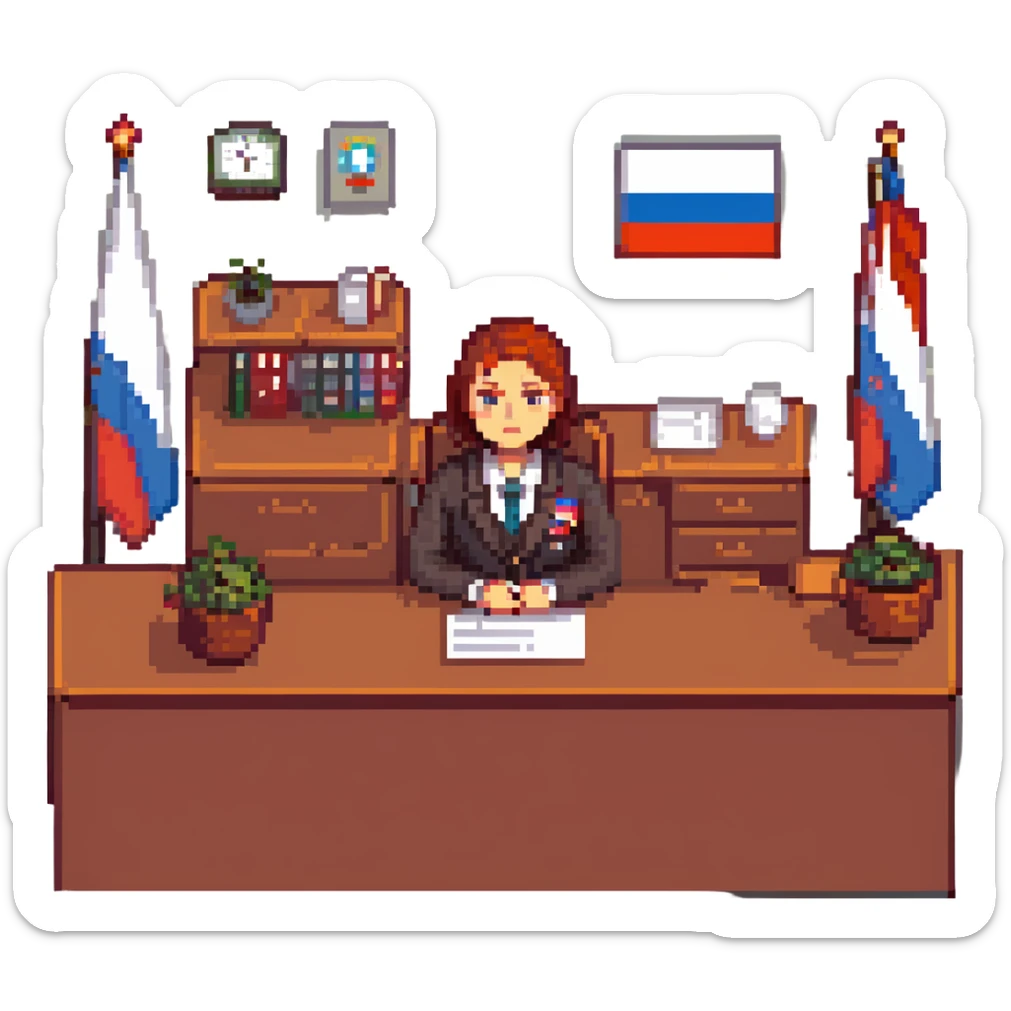 Russian Ministry of Finance employee dealing with sanctions, detailed, professional attire, serious expression, office setting, Russian flag elements subtly included, yellow color scheme sticker