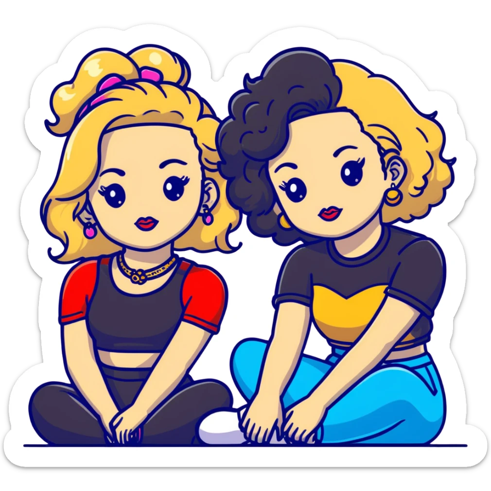 Full body of two teenage girls sitting together, one white with straight blonde hair and one brown-skinned with curly black hair, both with heavy makeup, big lips, crop tops, gold jewelry and flashy choni style outfits sticker