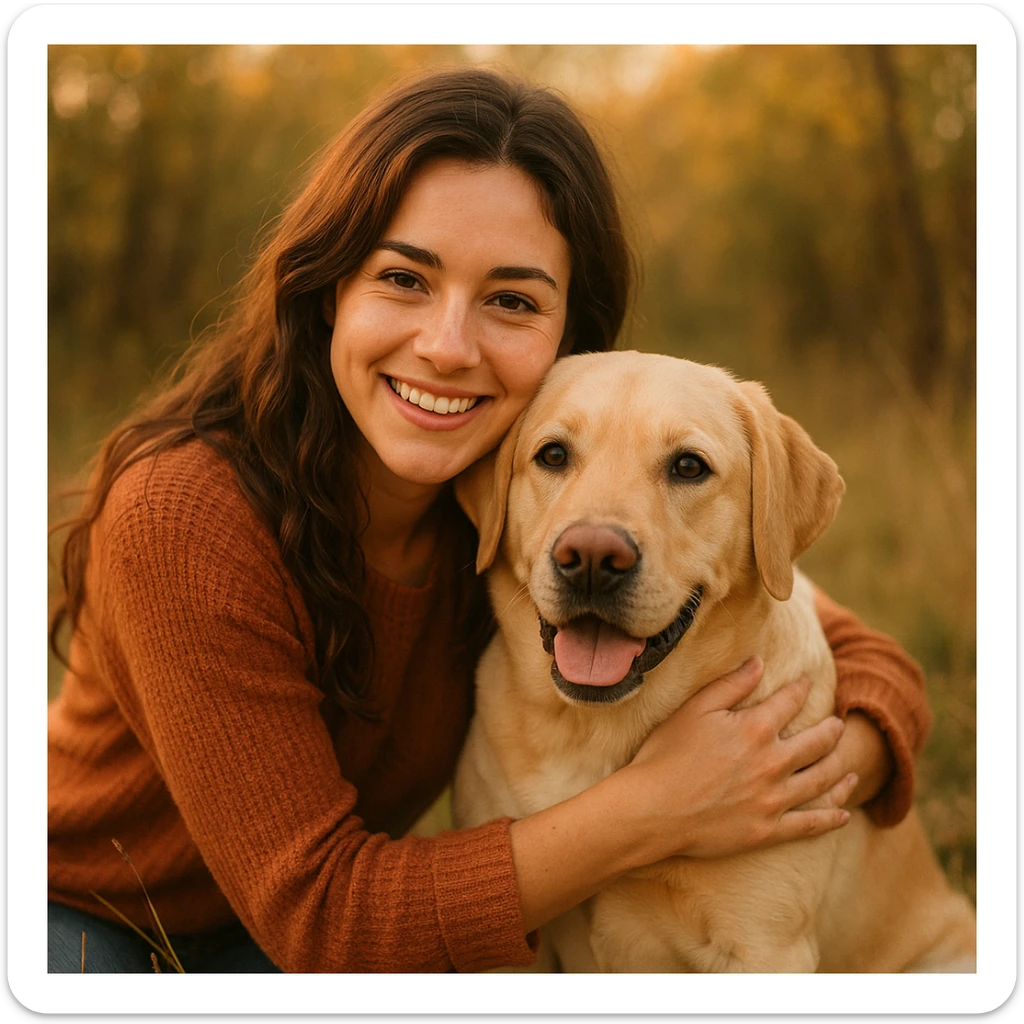 brunette girl with a yellow labrador dog, friendly and warm scene, natural outdoor setting, soft lighting, warm colors sticker