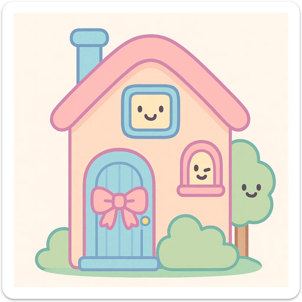 a pastel house, pink bow on the door, soft and dreamy, gentle hues sticker