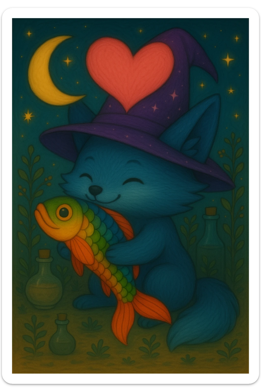 Change the witch hat on the blue fox to purple and add sparkles to the hat, keep the magical, witchy background and big pink heart, in ghibli style. sticker