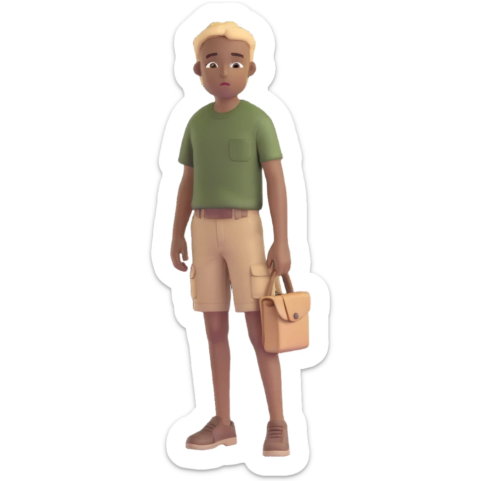 boy wearing an olive-green shirt over a brown T-shirt with beige cargo shorts sticker
