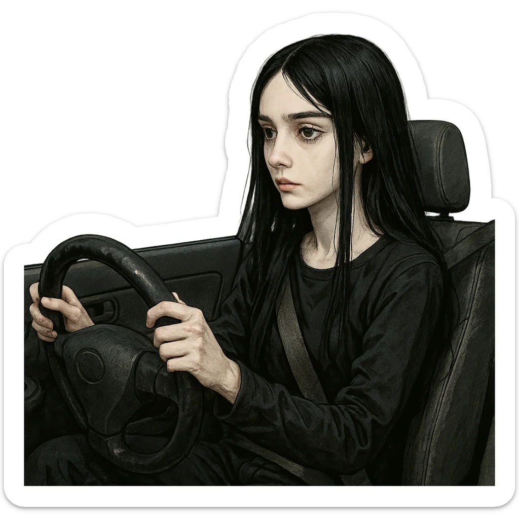 pale girl with long black hair in a car, driving, detailed character portrait sticker