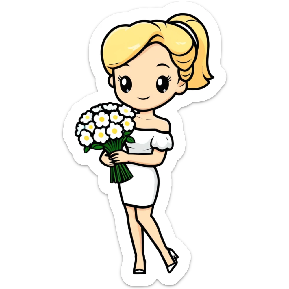 blonde woman in a white off-shoulder dress with a bouquet of white flowers in a white bag in her right hand sticker