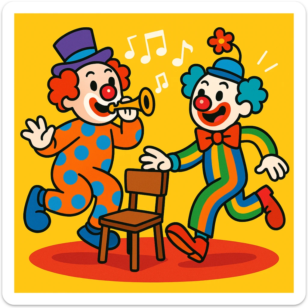 two clowns playing musical chairs, playful and colorful vibrant toon style sticker