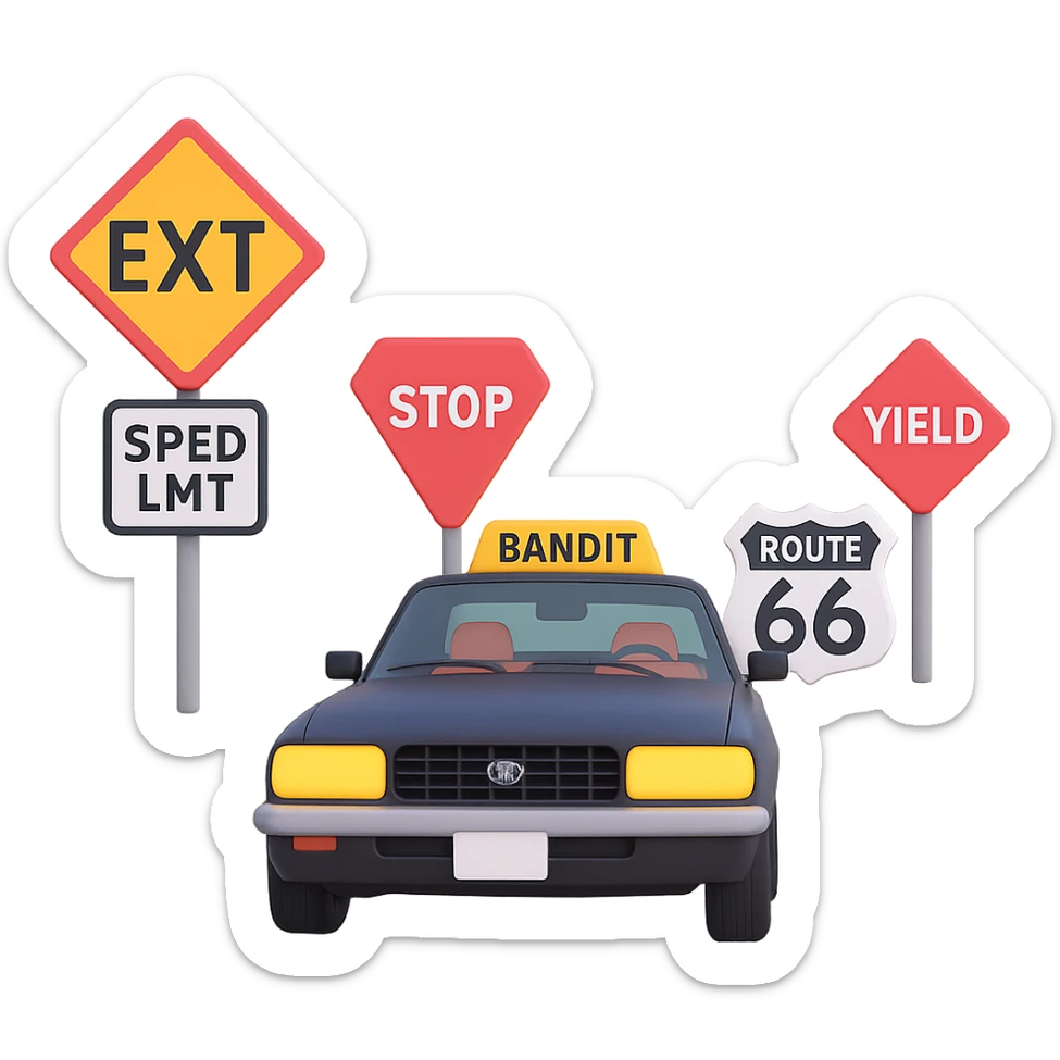 Add even more road signs, such as stop, yield, and Route 66, along the highway with the Bandit-style car. The style should resemble 3D emoji style with a transparent background. sticker