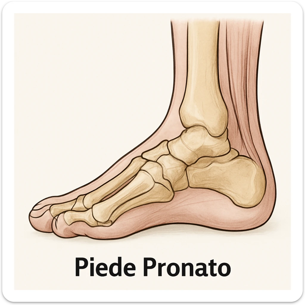 Anatomical illustration of a pronated foot, detailed bones and soft tissue, medical style, neutral background, side view, inspired by the reference image. sticker