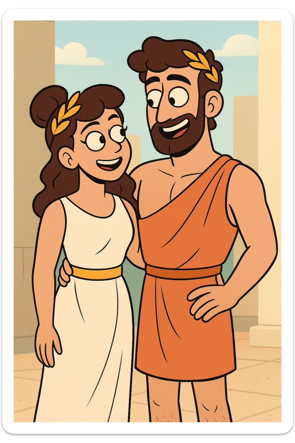 Greek couple, male and female, ages 20-35, in a modern cartoon style, vibrant, playful, contemporary sticker