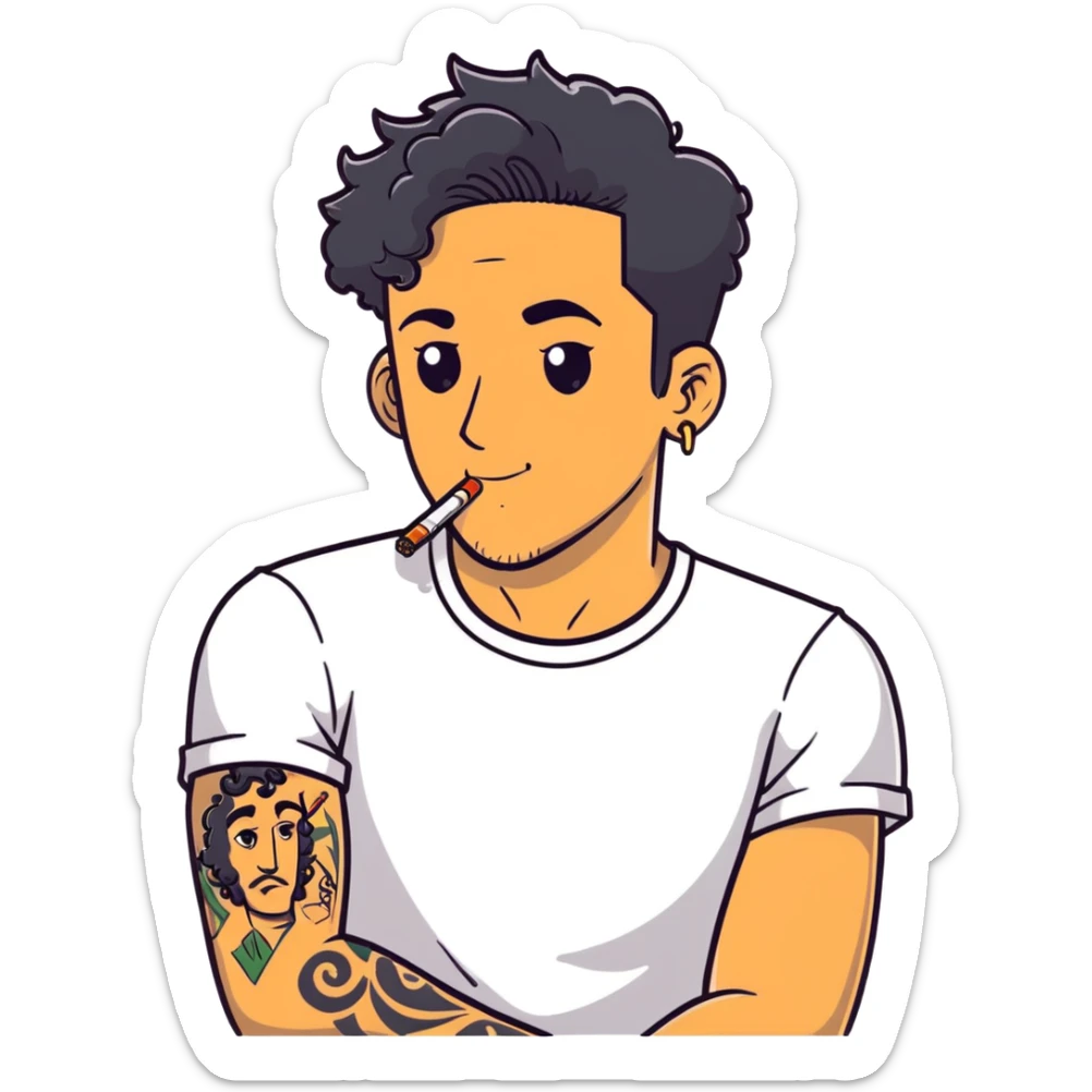 Italian man with tanned skin, curly black hair in short bob style, stubble, olive eyes, gold earring in left ear, white t-shirt, black tattoo on forearm, smoking cigarette sticker