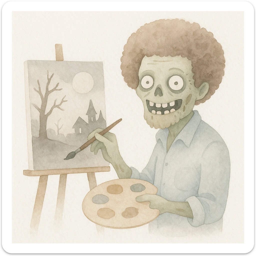 Zombie Bob Ross with a cheerful smile, painting a spooky landscape, watercolor art style sticker