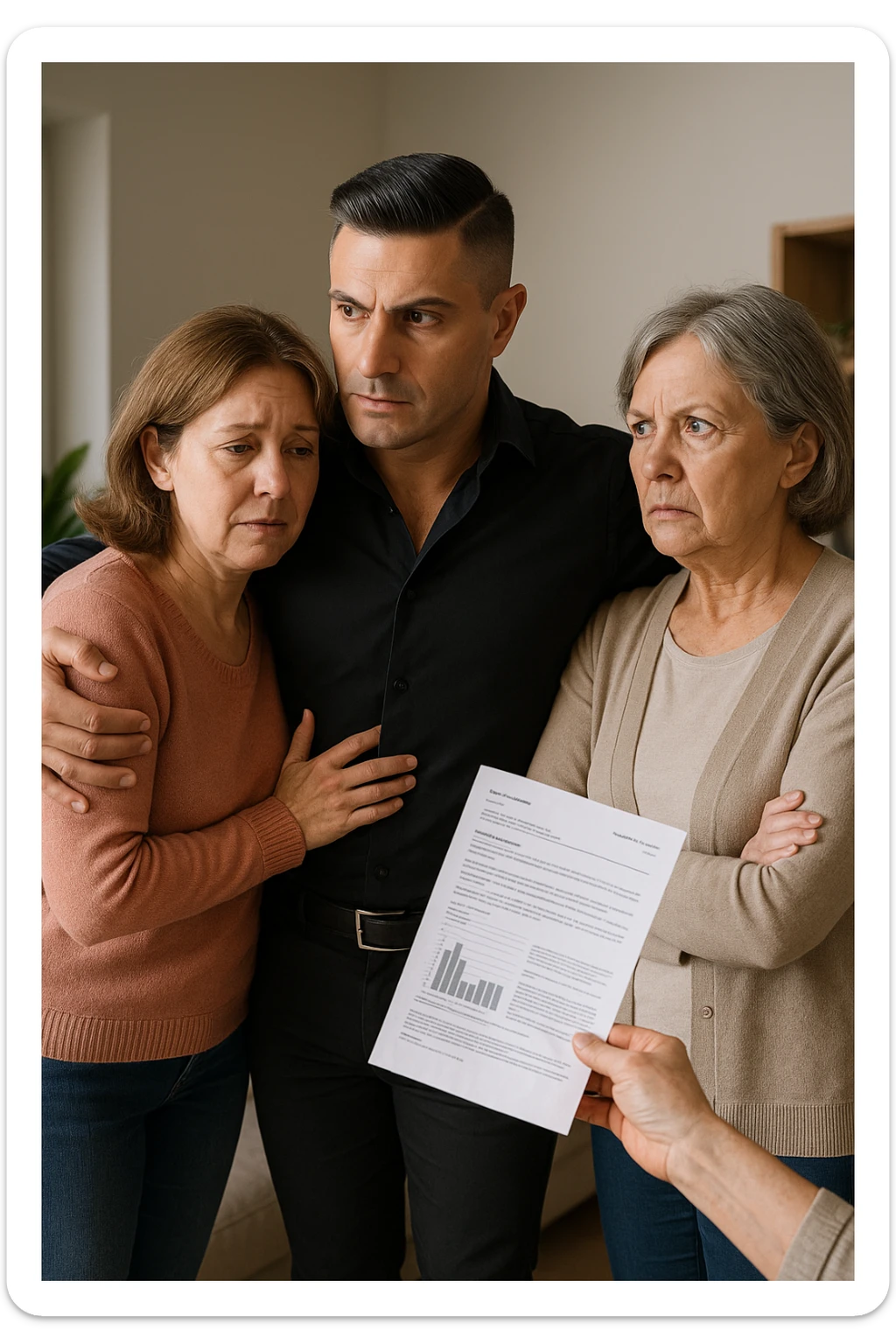 Middle-aged man standing between his menopausal wife and critical mother-in-law, body language shielding her, medical reports in hand proving her symptoms are real sticker