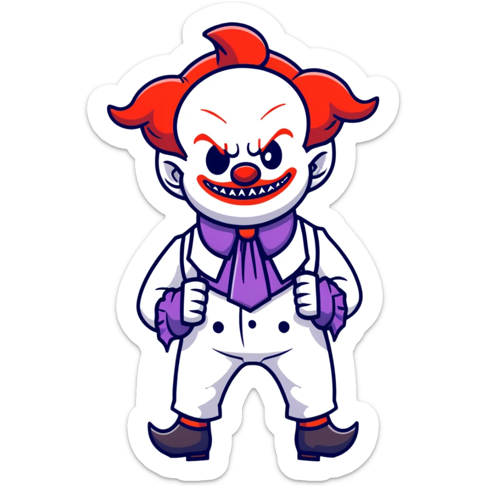 full-body demonic clown in a white leisure suit with bellbottom pants, bald, with black ram horns, flashy belt, ruffled shirt, no neck tie, cartoon sticker style sticker