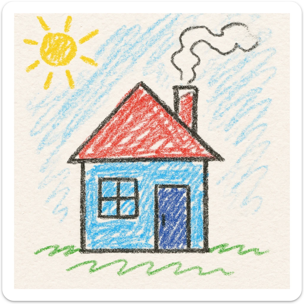 a simple house with a chimney and smoke, children's doodle style sticker