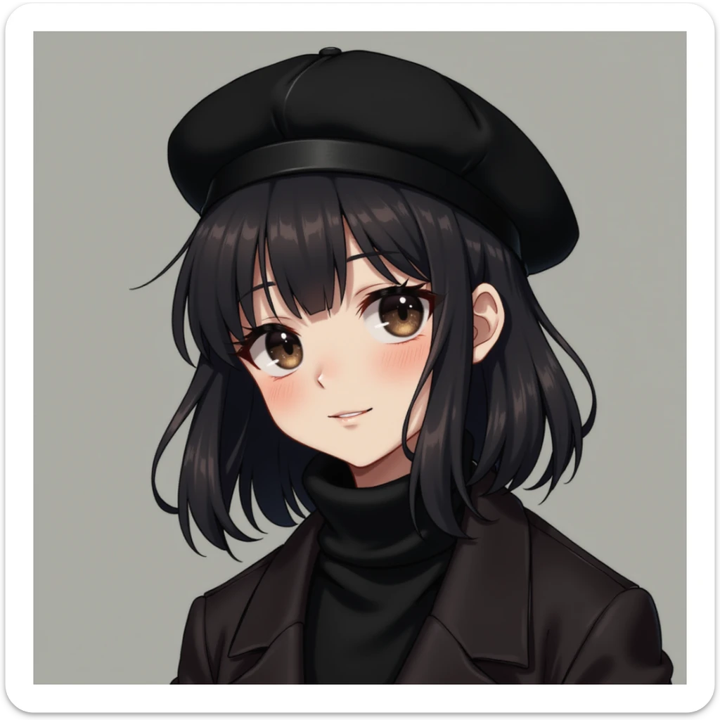 a stylish girl with dark hair and a black beret, semi-realistic style sticker