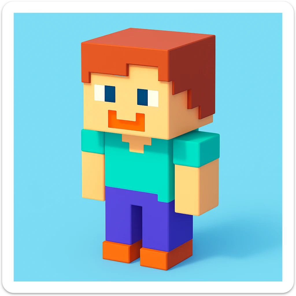 minecraft character, 3D voxel style, blocky, playful, bright colors sticker