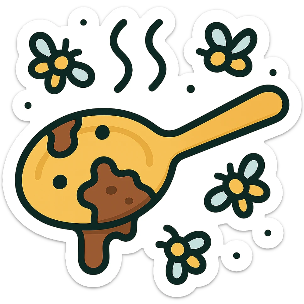 Add flies buzzing around the very dirty, used spoon with foul odor vapors. Maintain icon style with clear lines and a simple color palette. Preserve transparent background. sticker