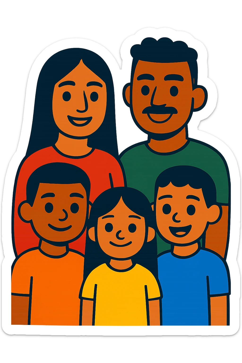 Hispanic family of five, parents in back and three kids in front with girl in the middle, all facing forward, mom with long straight dark hair, dad with short black curly fade, 9-year-old boy with short hair, 6-year-old girl with long straight hair, 6-year-old boy with short hair sticker