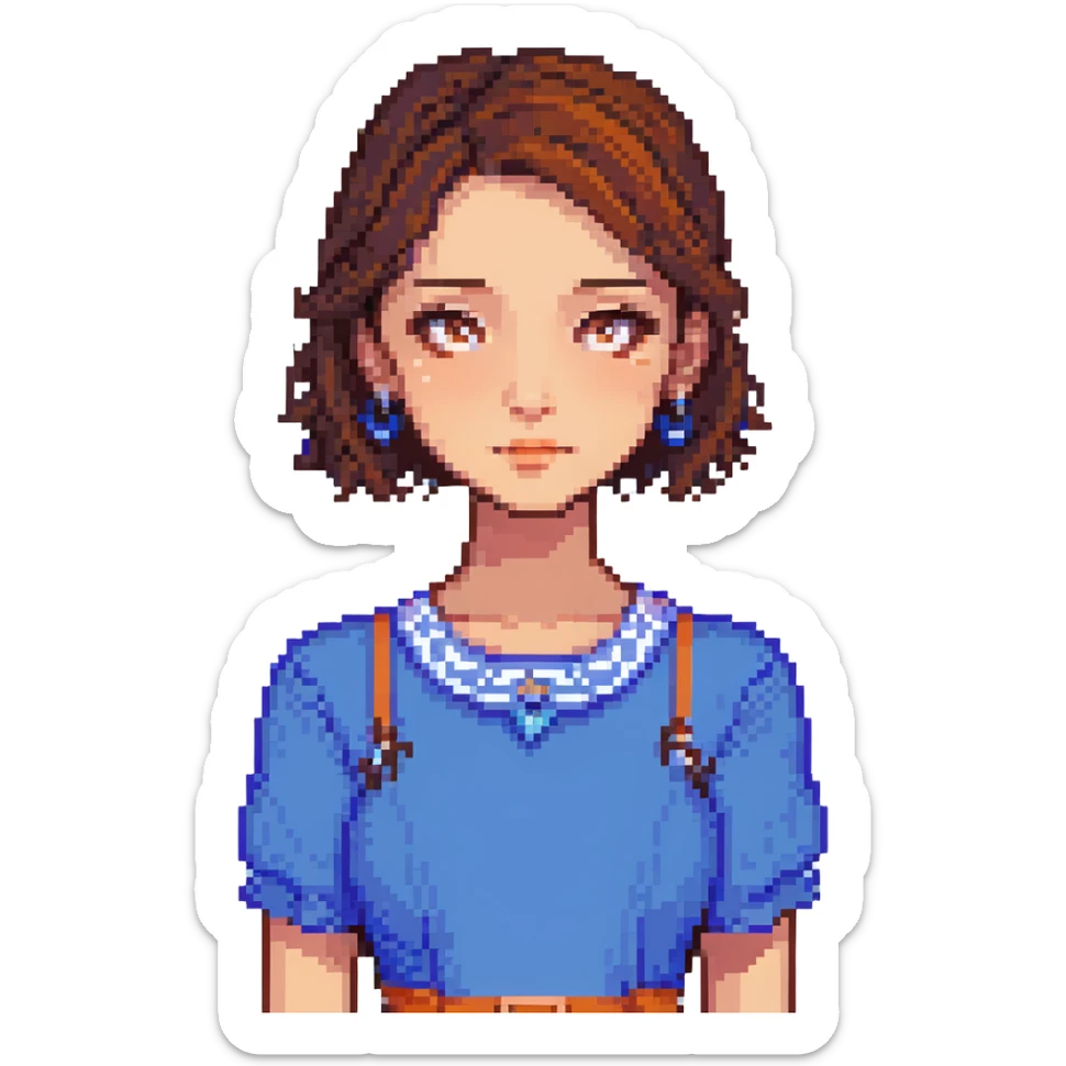 A pixel art girl with brown eyes, short brown hair without bangs, and a septum piercing, wearing a blue dress. sticker
