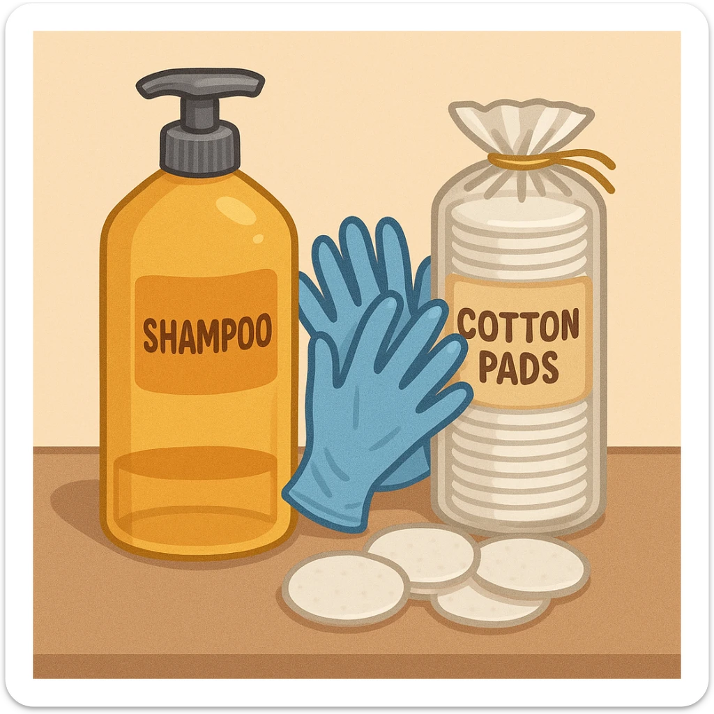 emoji of big (1L) bottle of shampoo, disposable gloves and cotton pads (for makeup) are standing on a table, products look like its always running out, and bran labels to them, make quantity bigger , and i want to see more disposable products sticker