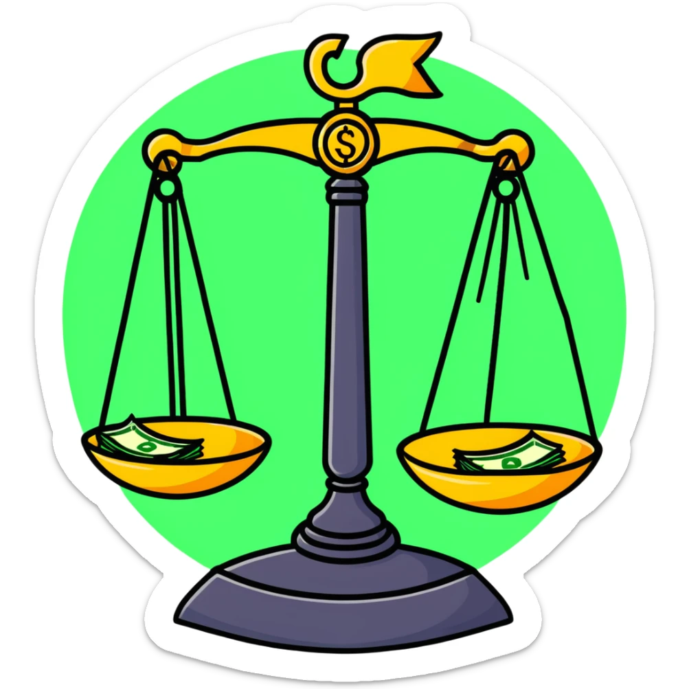 A decorative gold balance scale with green money and dollar signs on one side and three colorful stars on the other side sticker