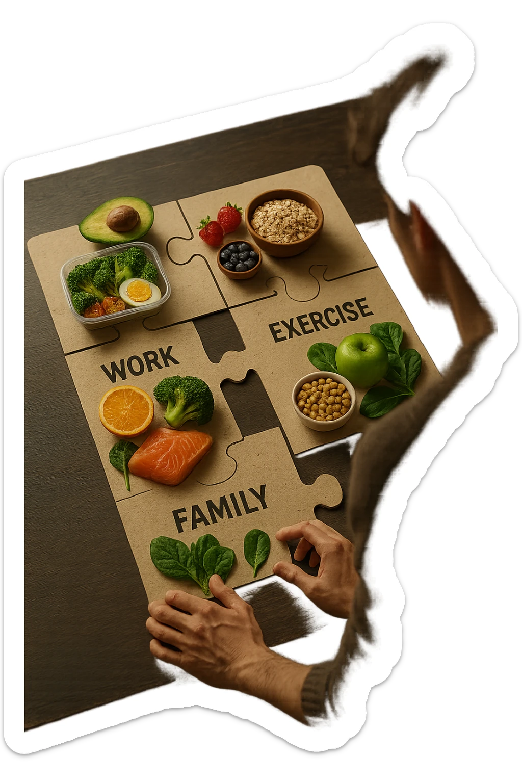 realistica cinematic photo a person is surrounded by puzzle pieces, each representing a different aspect of their life (Lavoro, Esercizio, Famiglia, Relax), and healthy foods are integrated into each piece. The person assembles the puzzle, creating a complete, personalized nutrition plan. The mood is uplifting and creative. in italiano sticker