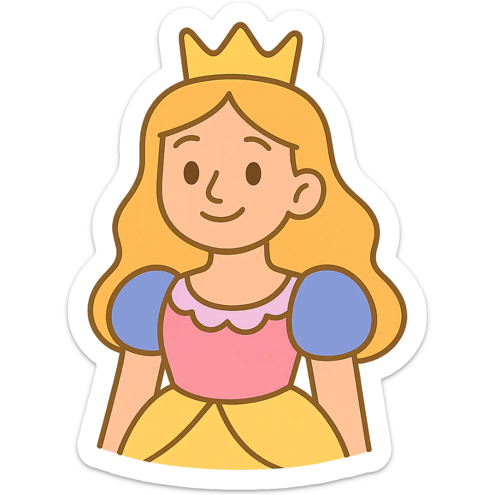 cartoon-style princess emoji with long hair, wearing a golden crown, smiling softly, dressed in a royal gown, pastel toon style sticker