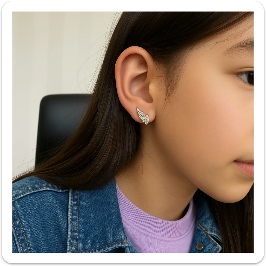 Edit the emoji to depict a 12-13 year old girl. Match the skin and hair color to the reference image provided. Add earrings similar to those in the photo. Dress her in youthful and trendy clothes that are appropriate for her age, avoiding anything too childish. sticker