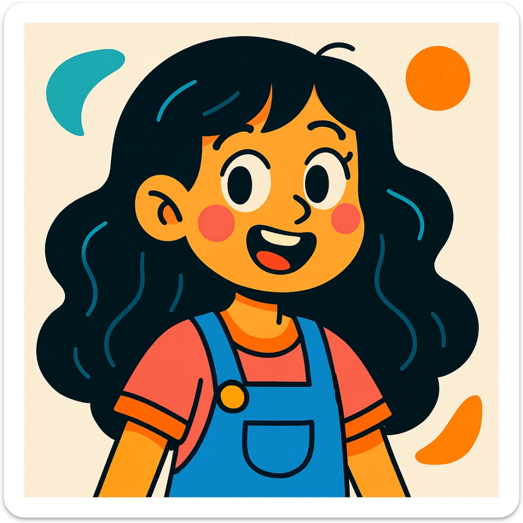 chica de cabello largo ondulado negro, estilo cartoon colorido, fondo claro sticker