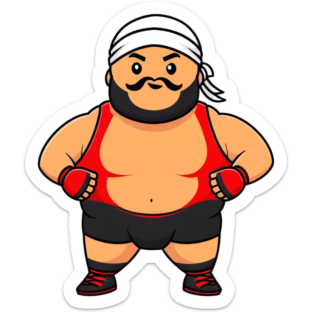 White skin fat guy with black durag and black beard in a red and black wrestling singlet sticker