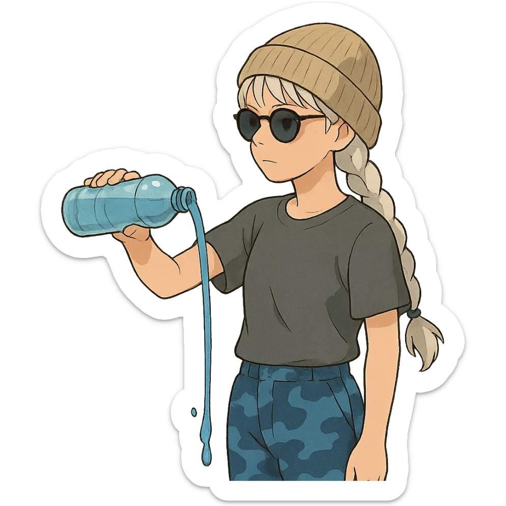 1 female, long white braid, knit cap, dark sunglasses, GRAY T-SHIRT, blue camo pants, POURING OUT A WATER BOTTLE sticker