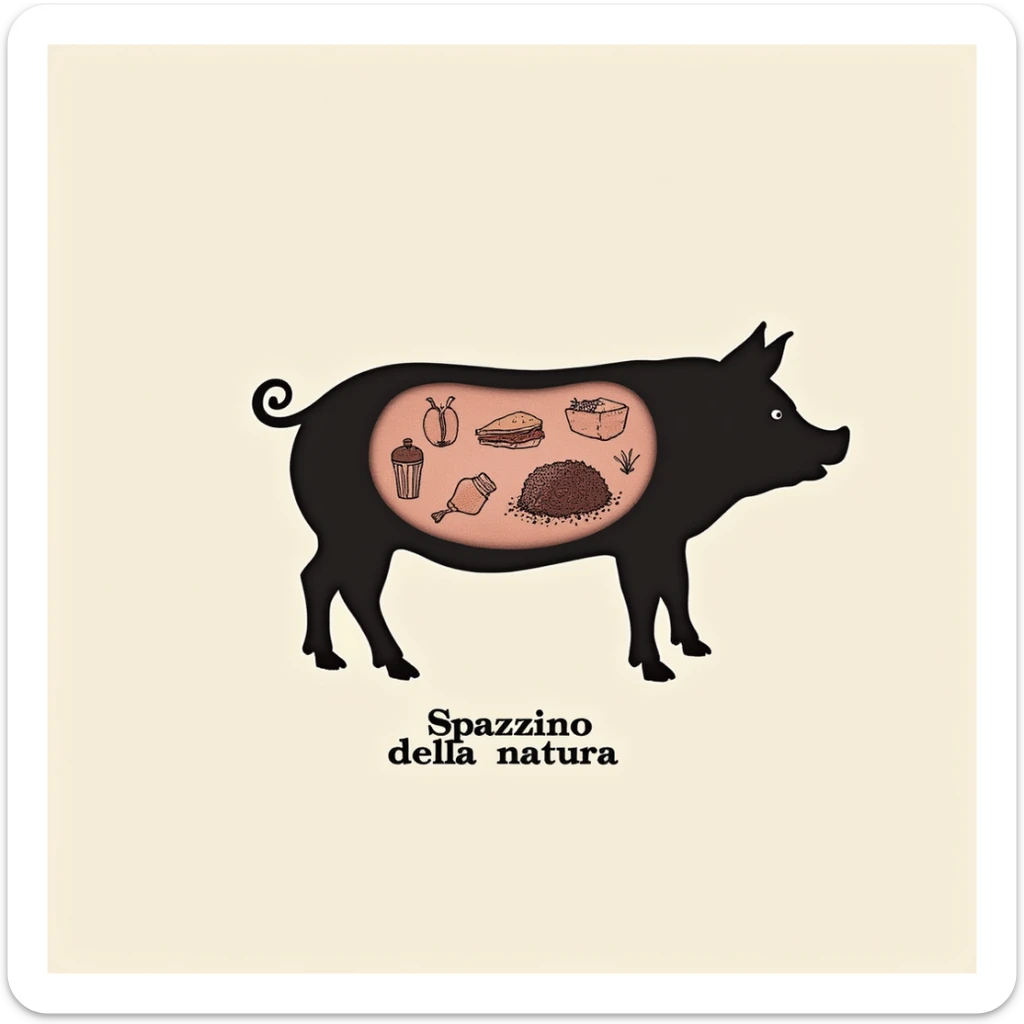 symbolic scene silhouette of a pig with drawings of leftovers and feces in the stomach, Italian text 'Spazzino della natura', neutral background, 4K quality sticker