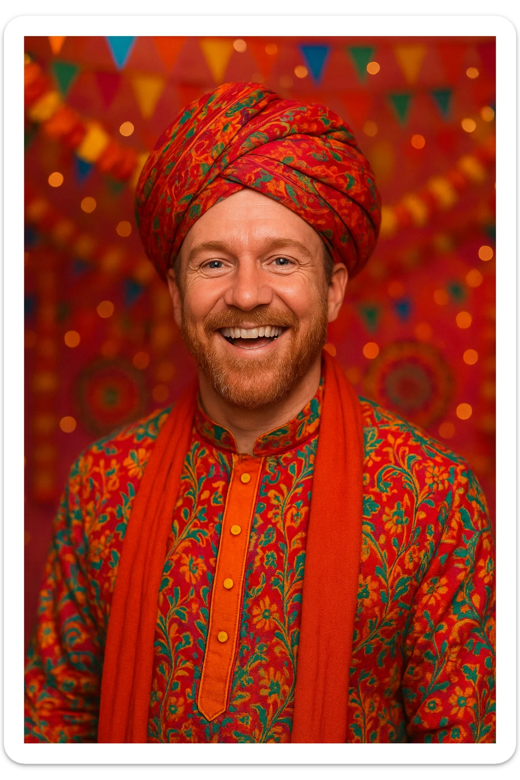 a popular singer reimagined as an Indian man wearing a kurta and turban, cheerful, festive look sticker