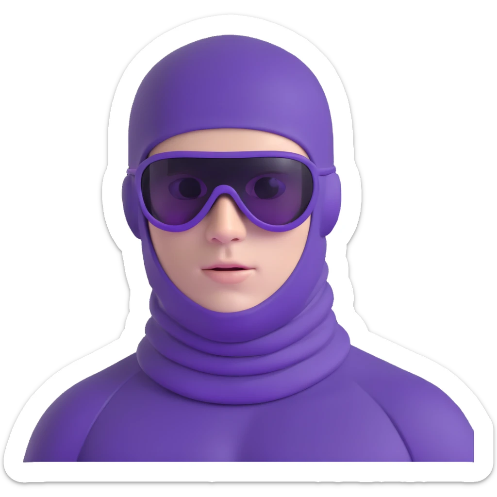 shirtless athletic man with white skin, wearing a purple balaclava face mask and purple sunglasses with black tinted lenses sticker