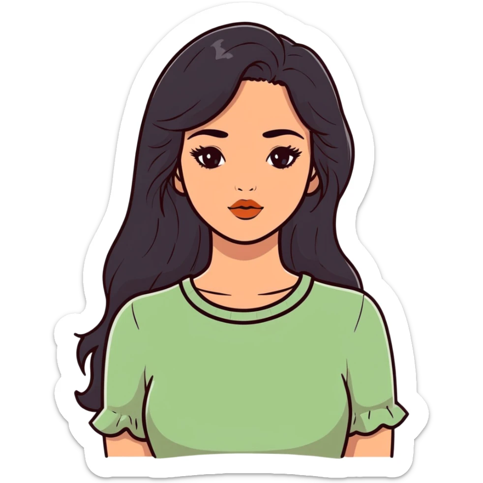 european girl with long black hair, long eyelashes, terracotta lips, light green top sticker