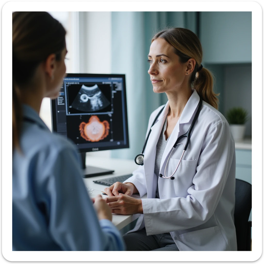 woman in gynecological clinic, doctor showing ultrasound with inflamed endometrium, professional atmosphere, realistic details, medical office background sticker
