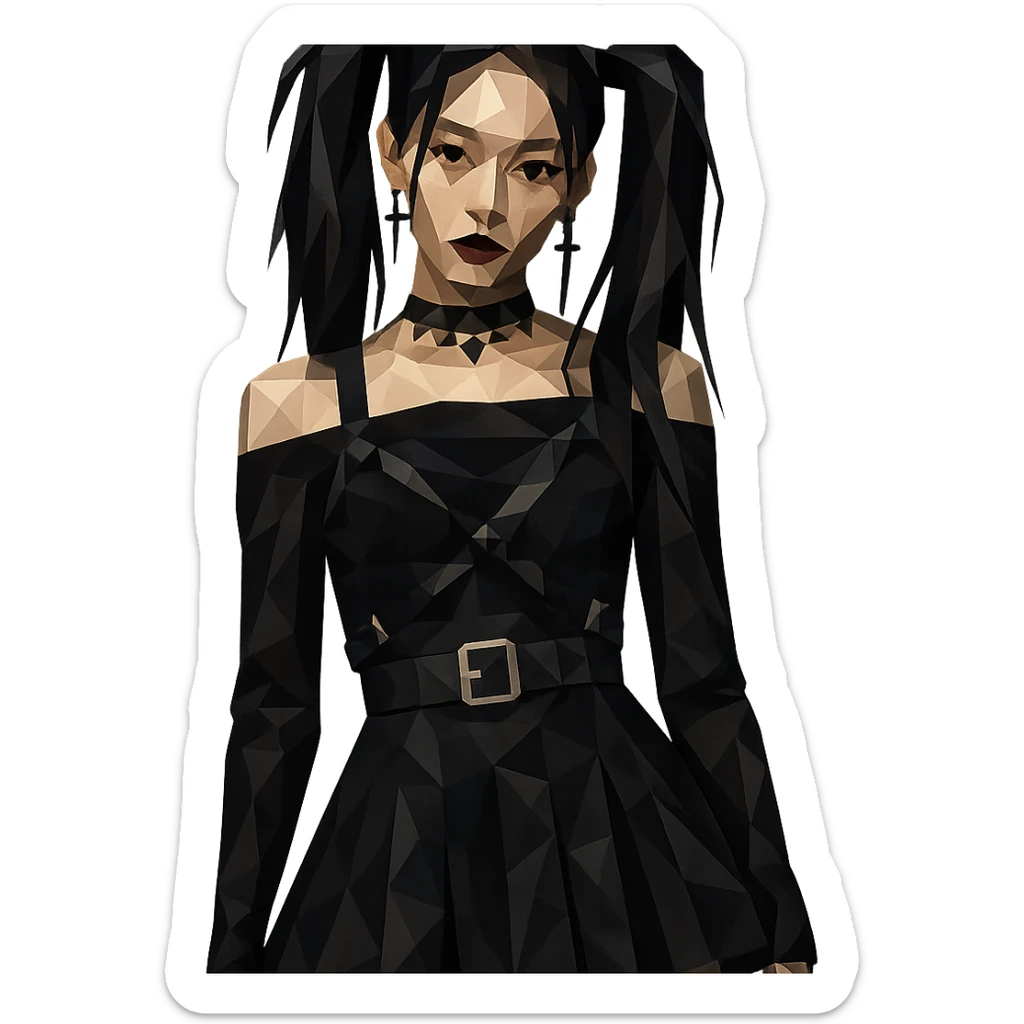 K-pop inspired gothic girl, polygonal style, geometric shapes, dark color palette, stylish stage outfit sticker