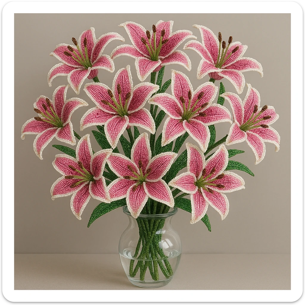 a dozen french beaded pink stargazer lilies in a clear glass vase, intricate beadwork, vibrant pink petals with white edges, green stems, realistic floral arrangement, elegant and detailed sticker